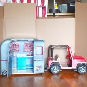 OG 18" doll camper trailer and jeep with hitch.